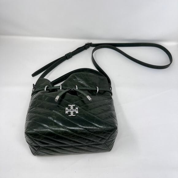Tory Burch Kira Mini Bucket Bag Basil Green Chevron Textured Leather Crossbody - Picture 4 of 14